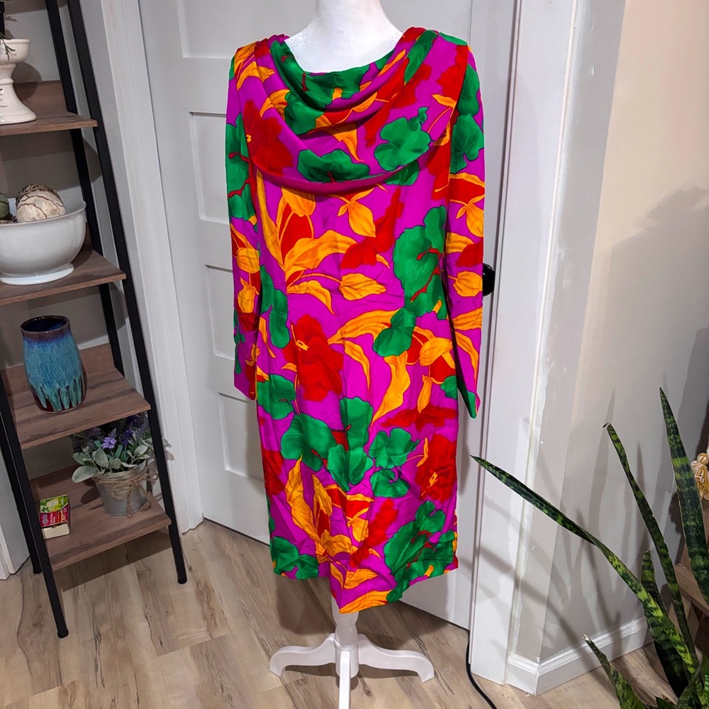 ARNOLD SCAASI VINTAGE 80'S 100% SILK FLORAL DRESS SIZE 12 VIBRANT COLORS
